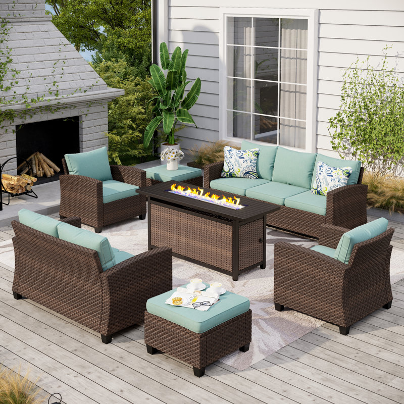 Salem 9 - Person Outdoor Wicker Patio Conversation Furniture Set with Fire Pit Table, Blue, Yes