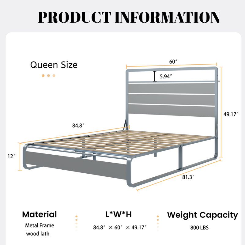 Queen Bed Frame with Storage Headboard and  LED Lights Metal Platform with Charging Station
