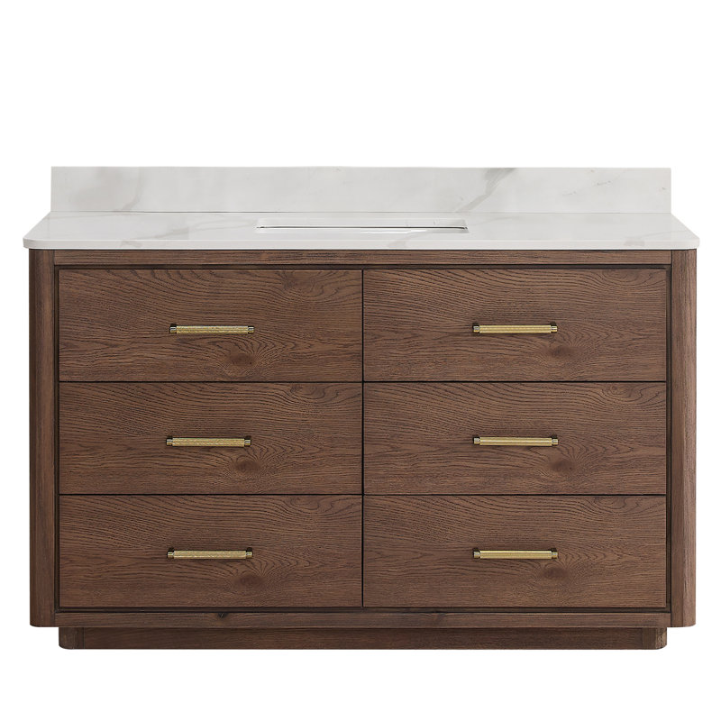 Porto 55'' Free Standing Single Bathroom Vanity with Quartz Top, Gold, Dark Brown Oak