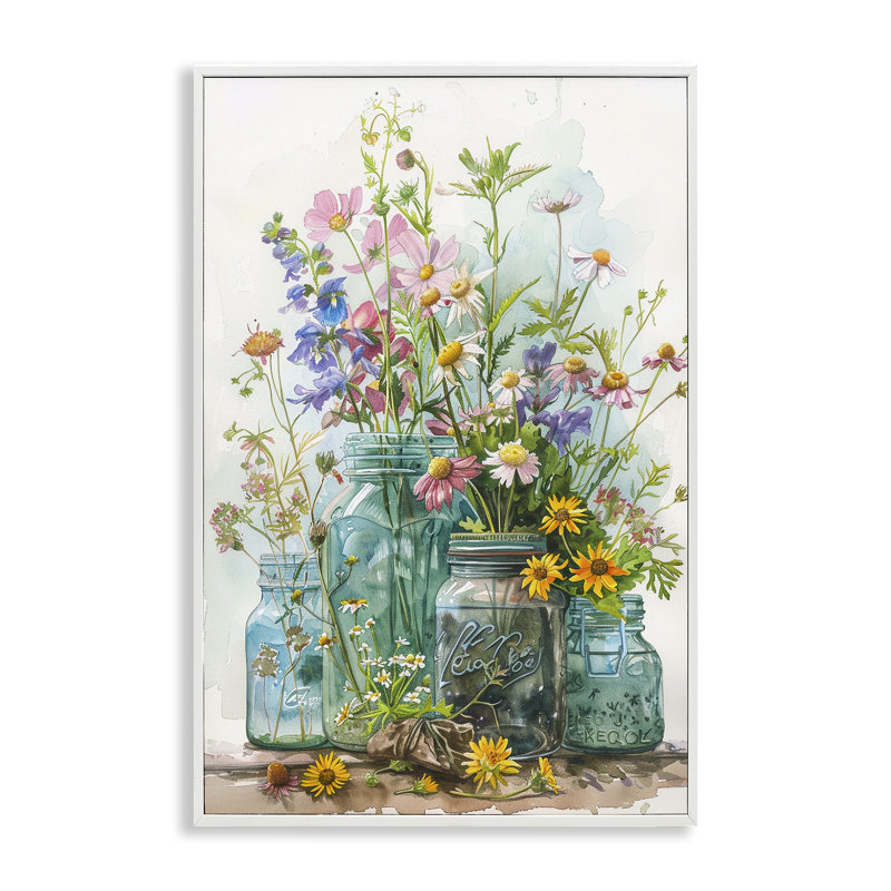 «Bright Garden Blooms Jars Giclee Art» par Franklyn Gregory, H 24 po x l 16 po, Estampe numérique encadrée blanc bord de mer
