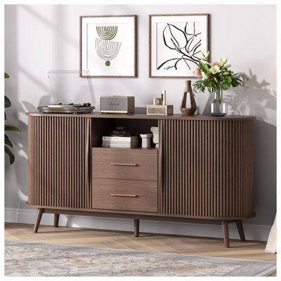 Sideboard Buffet Cabinet With Storage, 63" Mid Century Modern Buffet Table With Doors, Drawers And Shelf, Fluted Console Cabinet With Solid Wood Legs by George Oliver