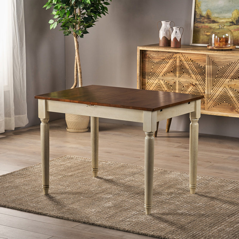 Table rectangulaire avec plateau en chêne foncé et pieds crème, H 29,53 po x l 28,88 po