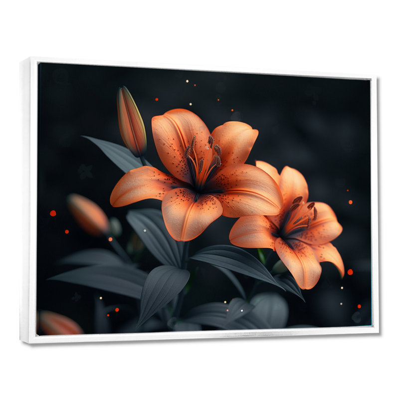 Orange orange, lis noir, printemps I, reproduction d'art mural, H 30 po x l 40 po, Cadre flottant doré