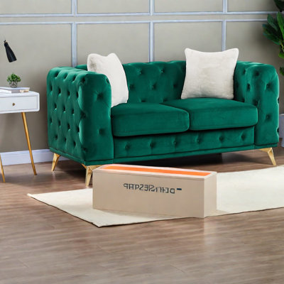 Canapé à compression, velours vert, Chesterfield