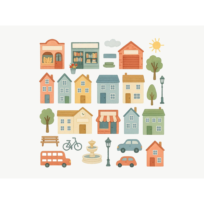 Little Town Wall Decals, Set of 28 Peel and Stick Nursery Wall Stickers, Satin Finish Removable Kids Room Wall Art, 20"W x 20"H (50 x 50 cm)