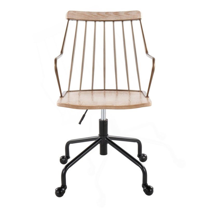 Chaise de bureau réglable en métal noir, cuivre antique et bois blanchi