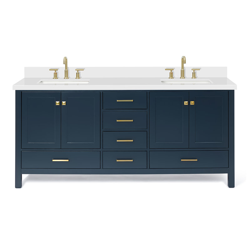 Cambridge 73'' Double Bathroom Vanity with White Quartz Top, Midnight Blue, Rectangular