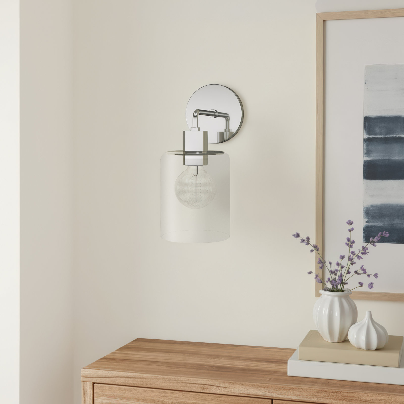 Single Light Glass Dimmable Armed Sconce, Polished Nickel