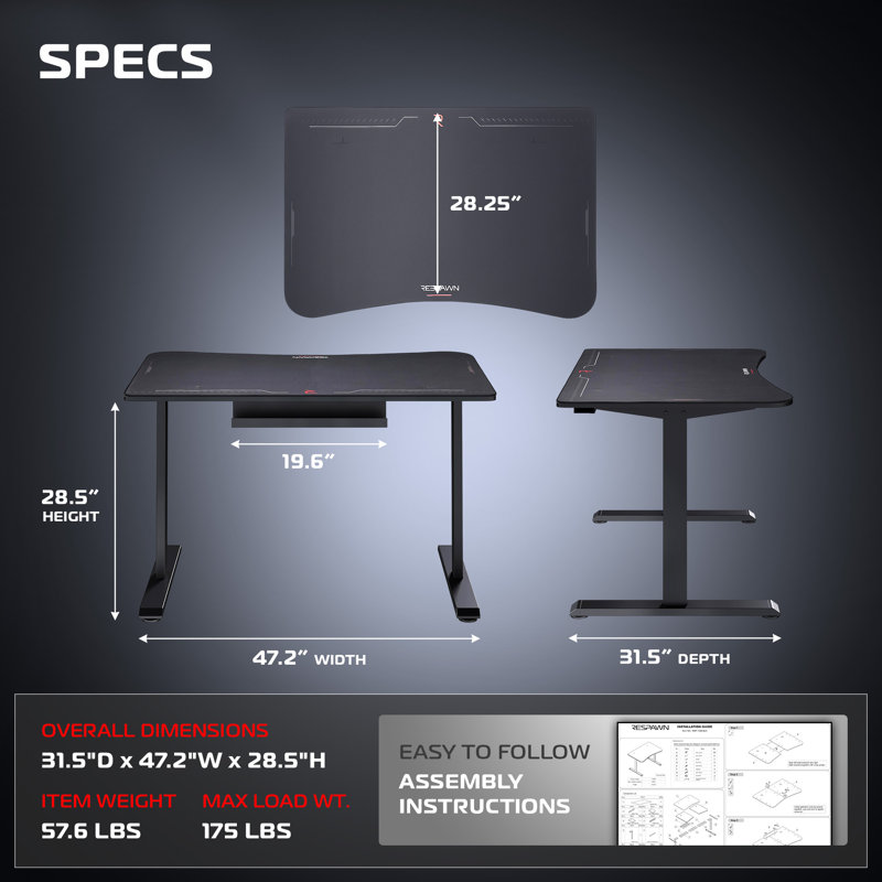 Bureau de jeu avec gestion des câbles RESPAWN - Tapis de souris ergonomique pour ordinateur complet, postes de travail à domicile robustes, console de jeu pour ordinateur portable, table d'étude en bois pour chambre à coucher - noir
