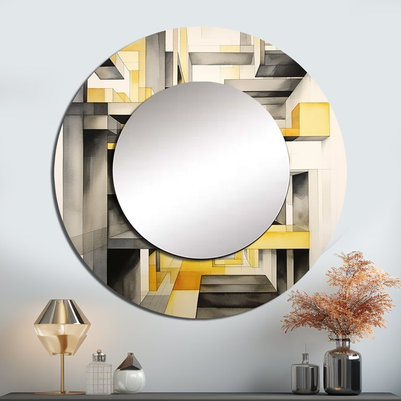 Yellow And Grey Intersecting Realities II - Abstract Shapes Round Mirror Wall Decor, 36" x 36"