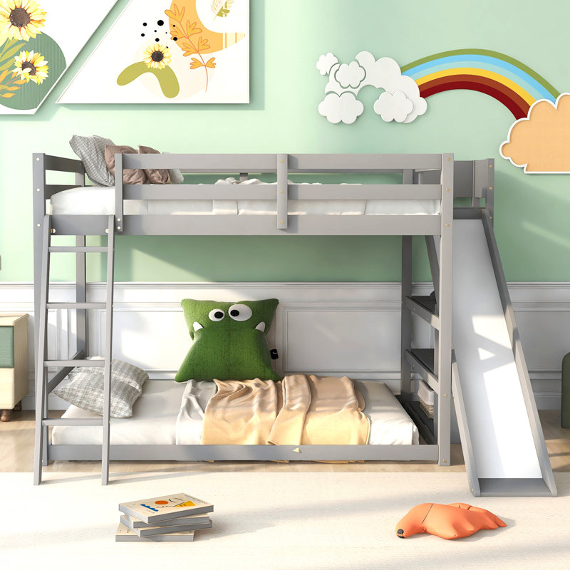 Full Over Full Bunk Bed With Ladder, Slide And Shelves, Grey