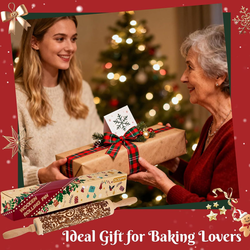 Rouleau à pâtisserie en relief flocon de neige, rouleau à biscuits en bois gravé pour la cuisson, les biscuits des Fêtes, les projets de bricolage et le décor de cuisine