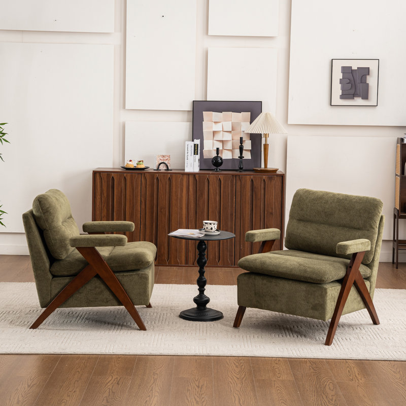 Mid Century Upholstered Arm Accent Chair with Solid Wood Legs, Green