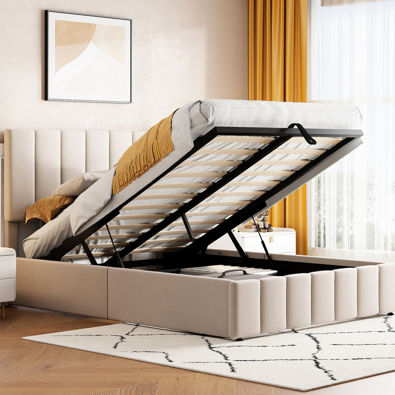 Hydraulic Storage Upholstered Bed - Beige Comfortable Design Elegant Platform With System
