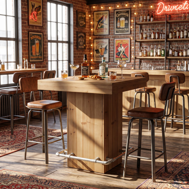 Table carrée 31,5 "à hauteur de bar en bois, table de bar à piédestal industriel avec repose-pieds en métal