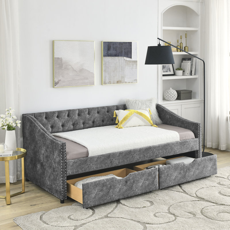  Twin Upholstered Daybed with Tufted Backrest, Nailhead Trim and Underbed Storage Trundle, Grey, Gray, Twin