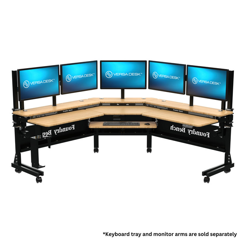 80" x 80" Bamboo and Black Adjustable L-Shaped Corner Desk with USB Ports