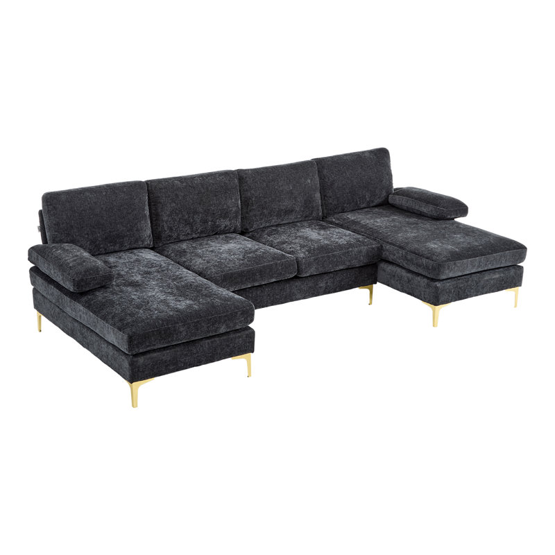 Canapé d'angle en forme de U de 286 cm avec double méridienne, canapé moderne capitonné avec pattes dorées pour salon - Noir