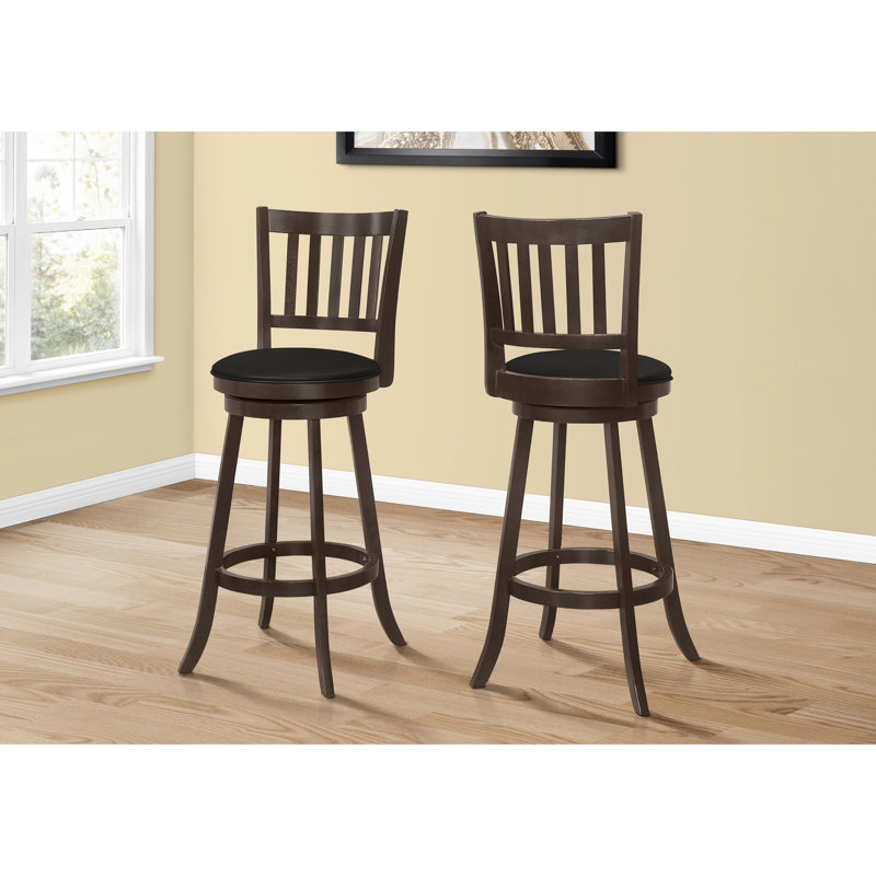 De 2, pivotant à 360 degrés, hauteur de bar, structure en bois brun, rembourrage de siège noir, finition et tabouret attrayant 2, fonction pivotante, structure foncée, coussin, moderne et confortable