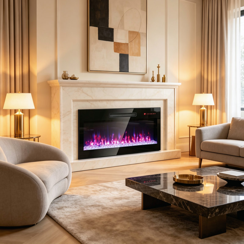 Cheminée électrique murale noire de 72,4 cm (28,5 po) avec 7 couleurs de flamme réglables, deux modes de chauffage, télécommande et protection contre la surchauffe pour la décoration intérieure du salon