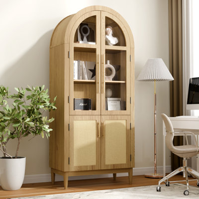 Modern Arched Display Cabinet With Tempered Glass Doors, Panels, And Adjustable Shelves
