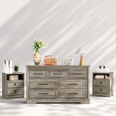 3 Piece Bedroom Set - 7 Drawer Dresser And Two 2 Drawer Nightstands,gray Wash