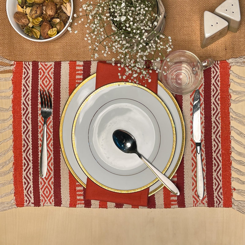 Cotton Striped Rectangle Placemat, Rust Orange