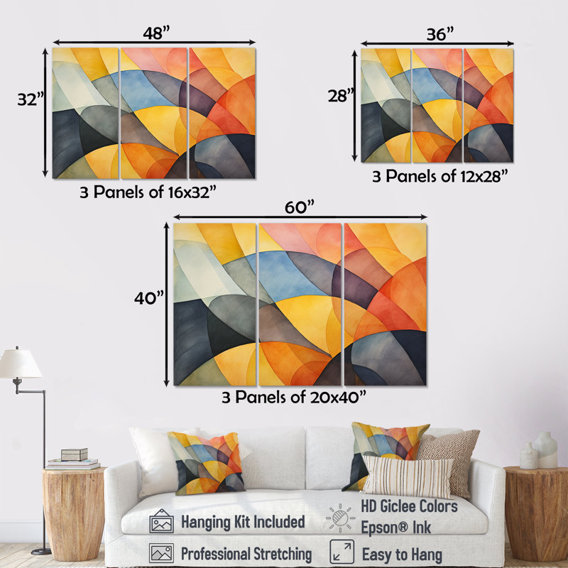 Carreaux géométriques aux couleurs douces II - Art mural géométrique, H 28 po x l 36 po x P 1 po, Toile tendue