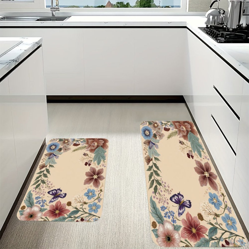 Vintage Floral & Butterflies, 2 Pcs Non Slip Kitchen Mats, Red/Beige Floral