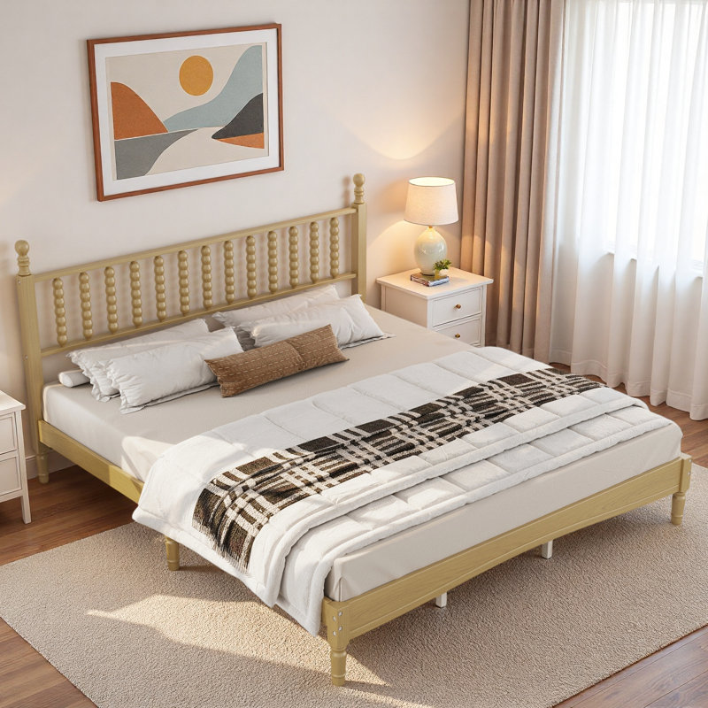 Lit plateforme de style rétro avec tête de lit en forme de gourde et support en lattes de bois, Très grand lit