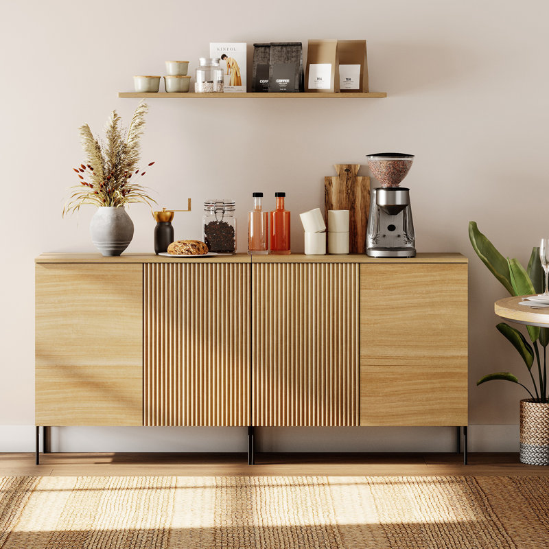 Union Rustic 63" Wooden 4 Doors Sideboard With Reeded Design, 2-In-1 Modern Credenza Storage Cabinet For Kitchen, Dining Room