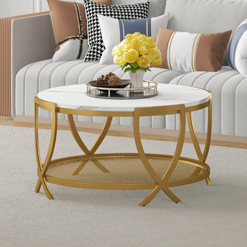 Aumiller Cross Legs Coffee Table with Storage, Marble, White/Gold 