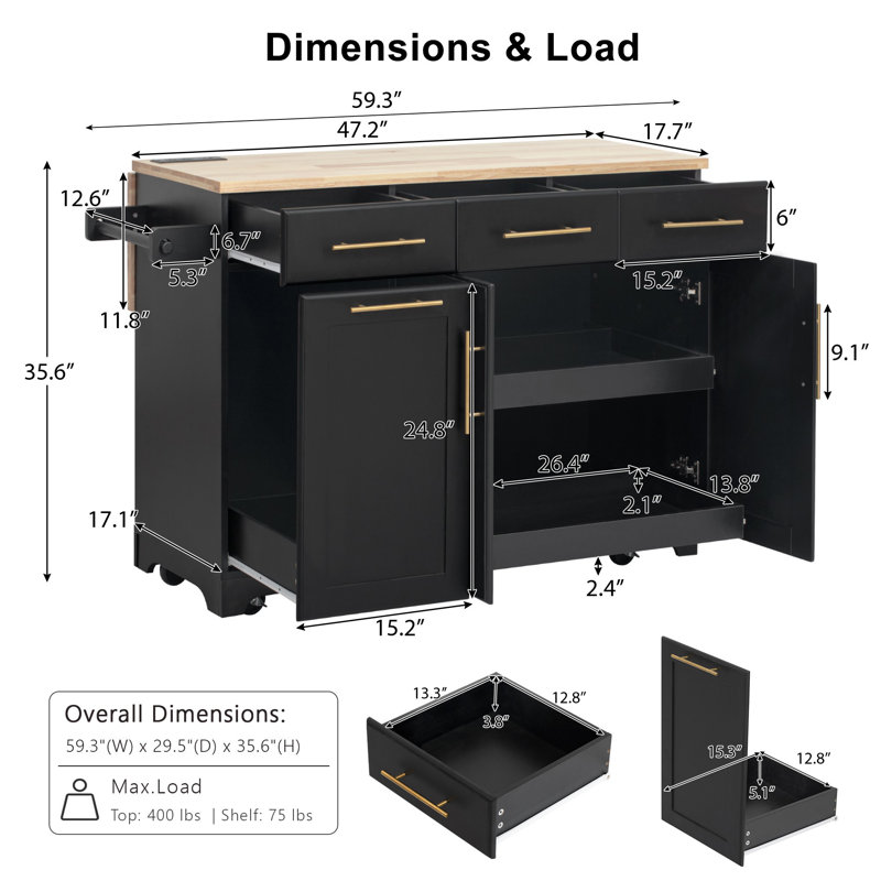 59.32" Kitchen Island, Rolling Kitchen Island with Trash Can Storage, Power Outlet, Spice & Towel Rack for Kitchen, Dining Room