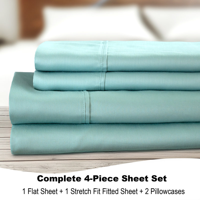 800 Thread Count Cotton Blend BedTite Tight Grip Sheet Set, Queen, Seaglass