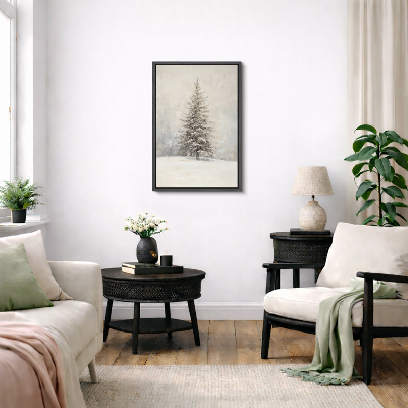 Œuvre de sapin enneigé enneigé, photos murales neutres de vacances rustiques modernes, impression sur toile encadrée