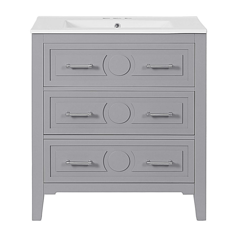 Armoire de salle de bain 30 po avec lavabo en céramique 30 po et 3 tiroirs, Gris