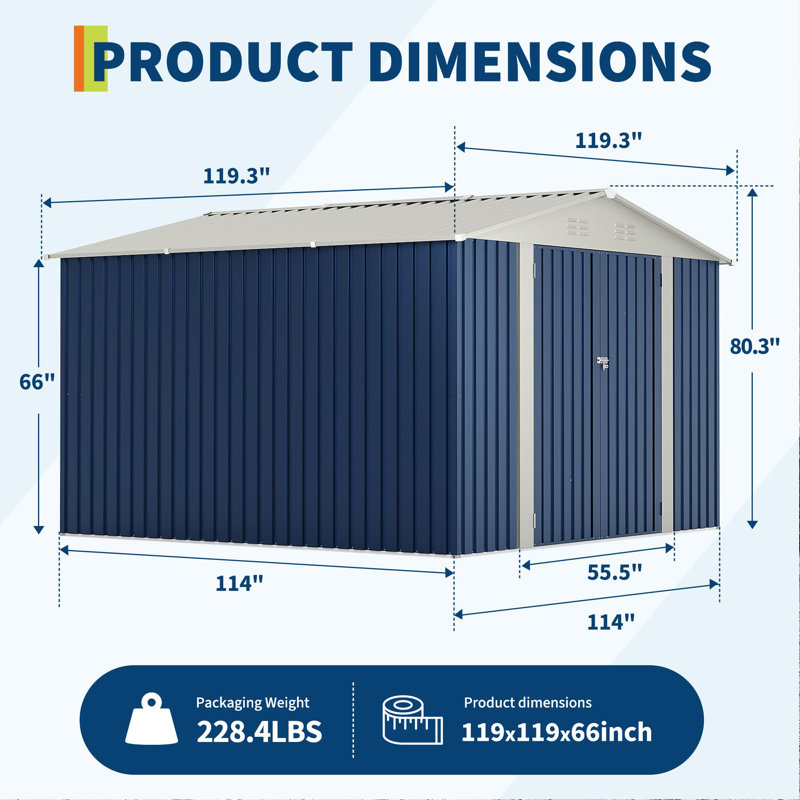 Abri de jardin métallique verrouillable 3 x 3 m (10 x 10 pi) résistant aux intempéries pour le rangement extérieur d'outils et de matériel de jardinage.