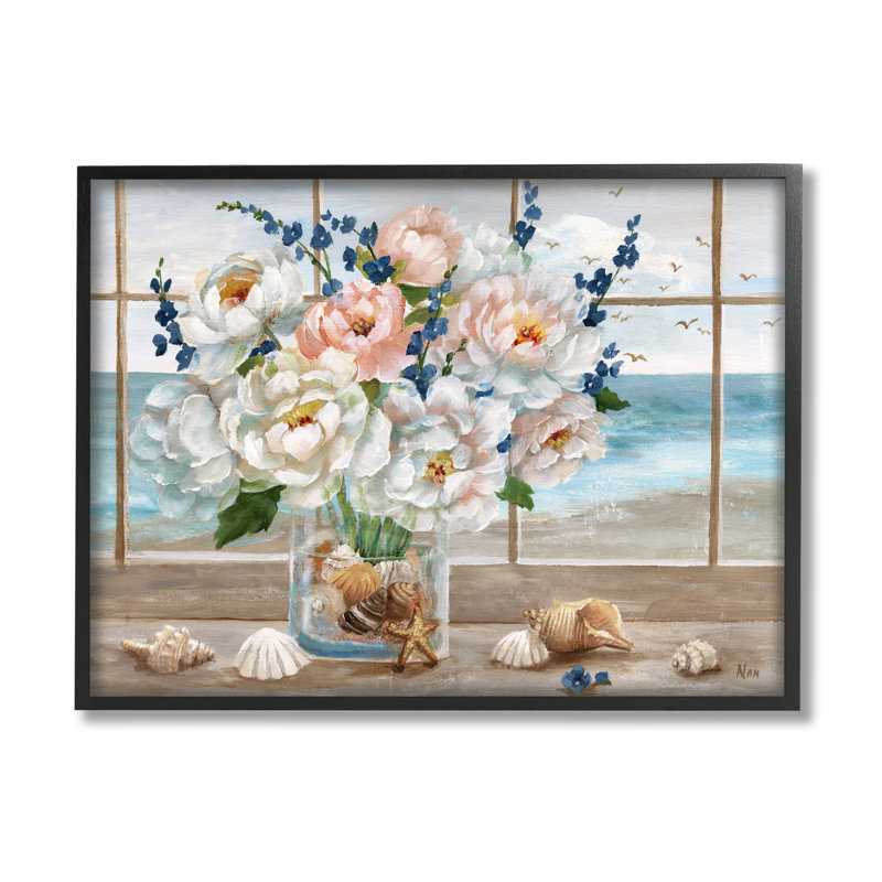 Magnifique bouquet de pivoines au bord de la mer, plage, coquillages par Nan - Peinture, H 16 po x l 20 po x P 1,5 po