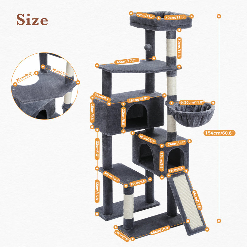 Ephie Multi-Level Tall Cat Tree Cat Tower for Indoor Cats, Dark Gray, 60" H x 21" W x 19" D