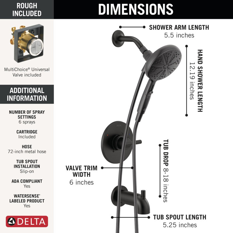 Nicoli 144749-HS Monitor 14 Series Tub and Shower with SureDock Hand Shower, Matte Black