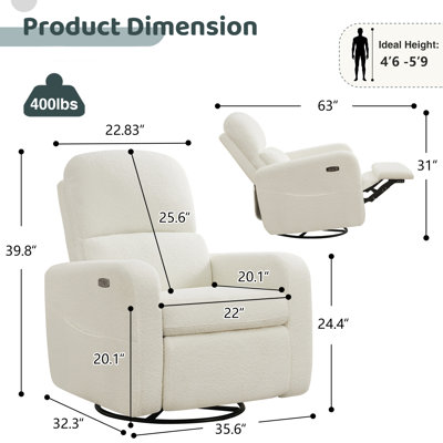 Breh 36" Modern Upholstered Teddy Boucle Power Swivel and Rocker Glider Recliner with USB and Type-C Port, Swivel Nursery Glider Recliner Wider Armrest and Double Pocket