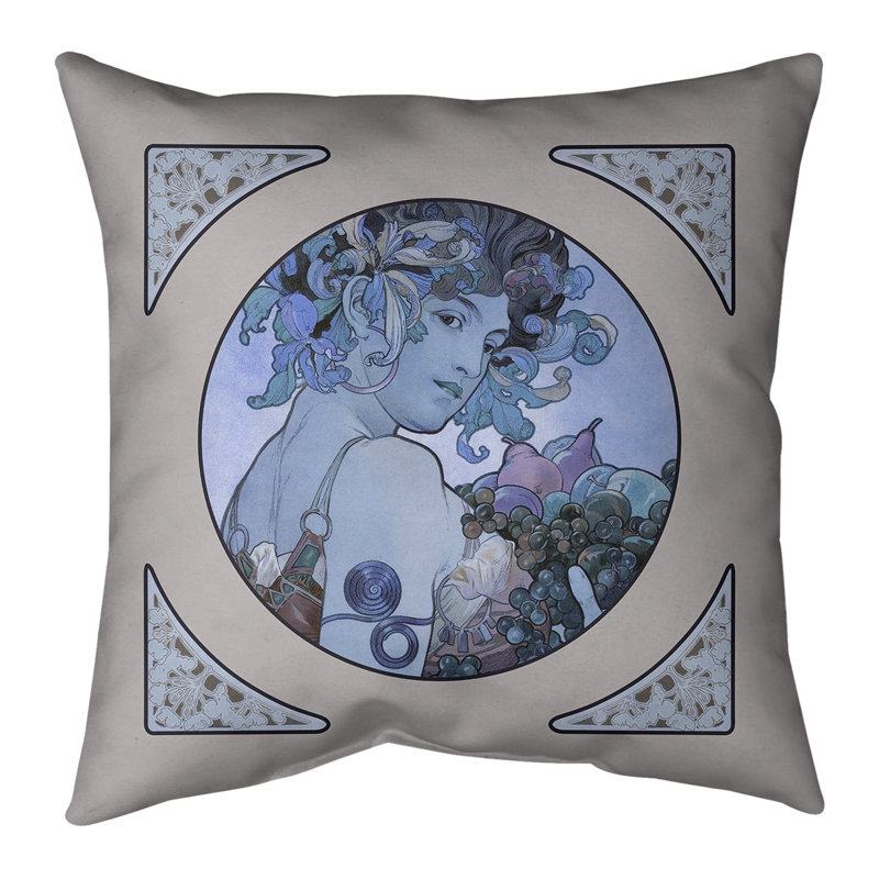 Housse et insert de coussin à motif de fruits Alphonse Mucha, 16 po x 16 po, Bleu, Bourre en polyester