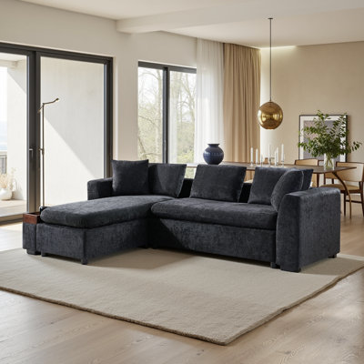 Canapé modulaire en L 93 po avec rangement en chenille moelleux, assise profonde et compartiment de rangement en bois