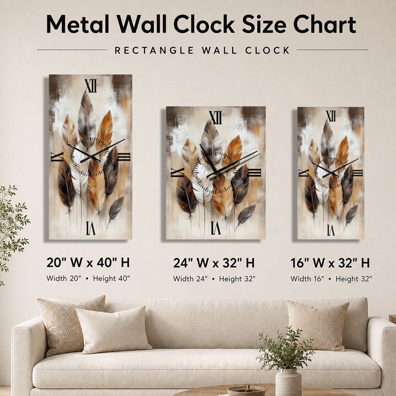 Horloge murale Boho Free Spirit Feathers II - Brun de style sud-ouest américain en métal, H 32 po x l 16 po - Rectangle