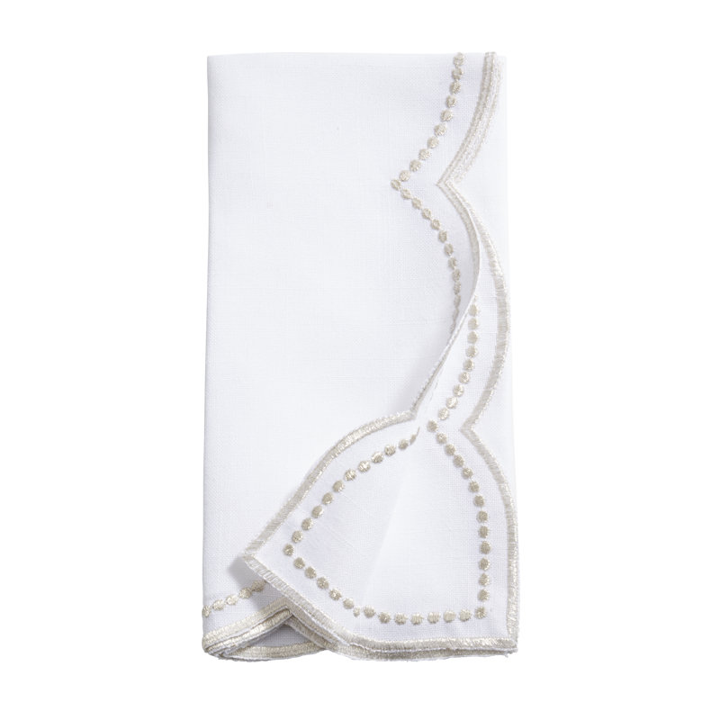 Embroidered Polka Dot Napkin w/ Scallop Edge (Set of 4), White/Champagne