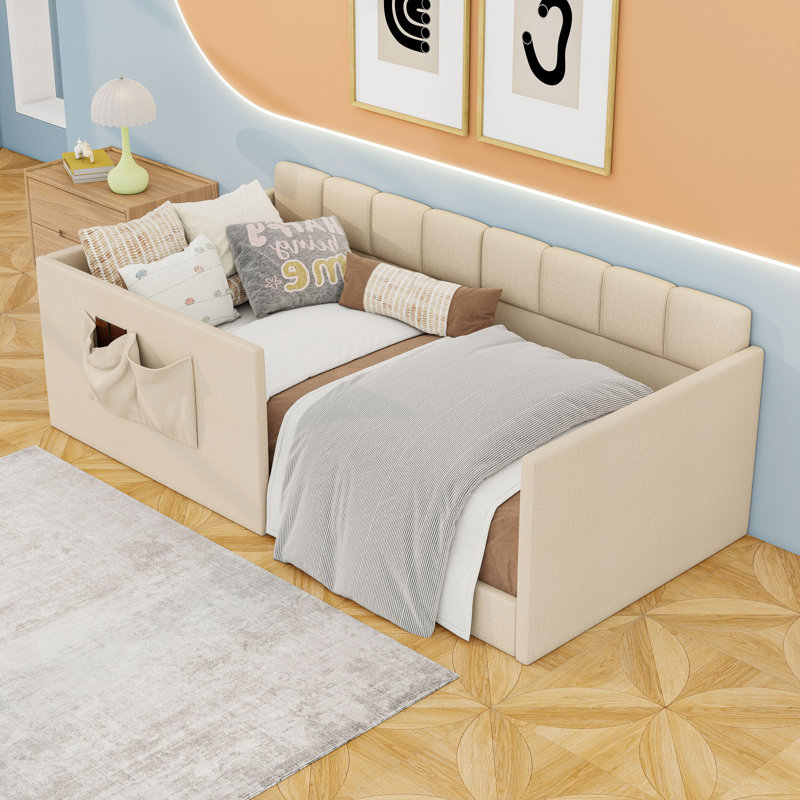 Lit de jour rembourré avec panneaux latéraux hauts et poches de rangement, Twin, Beige