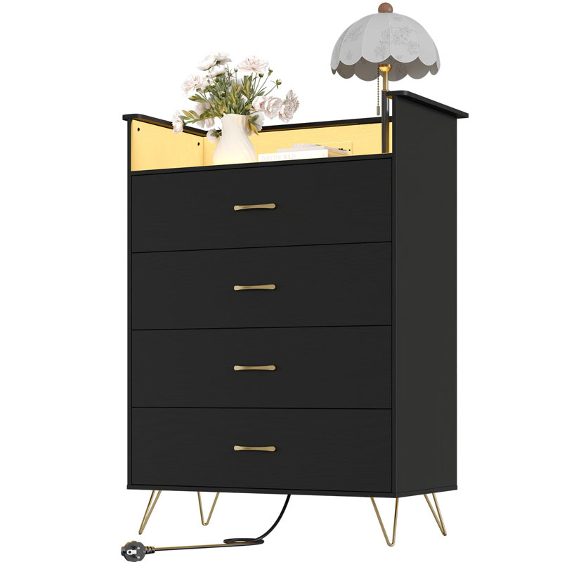4 Drawer Dresser with Power Outlets & RGB LED Lights, Tall Modern Wood Storage Chest with App Control, Black