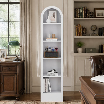 67"H Small Arched Bookcase, Mid-Century Modern 5-Tier Open Display Storage Shelf for Dining, Living & Bedroom, White