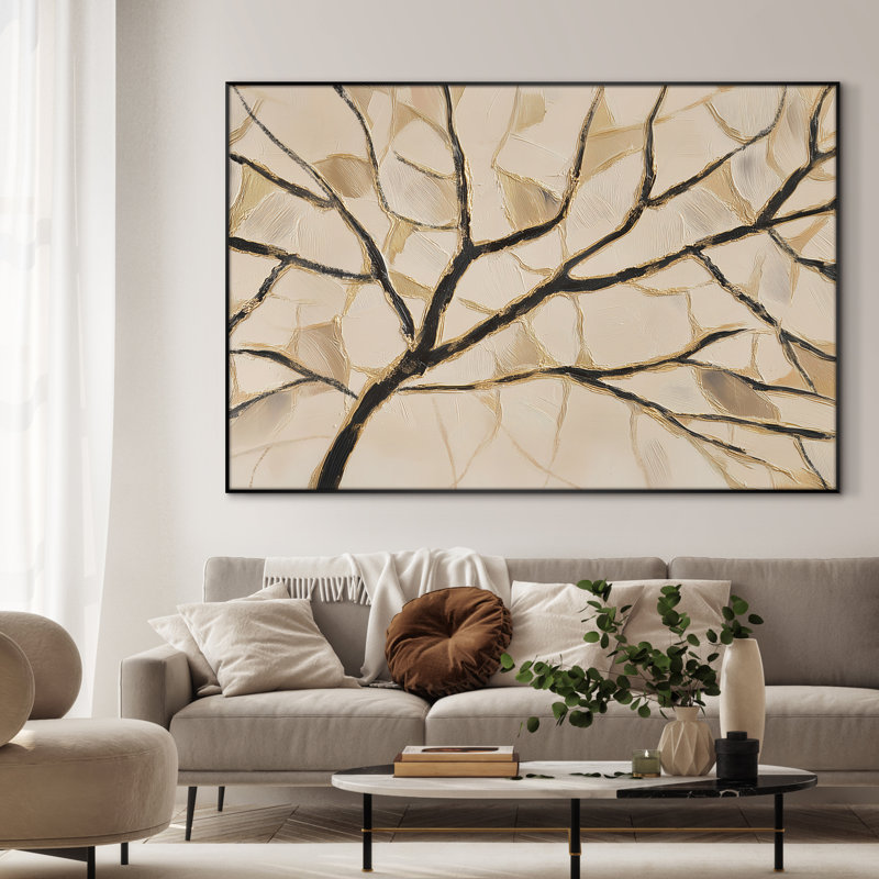 Très grand art mural imprimé sur toile - Branche dorée et noire sur fond neutre, décoration pour salon ou chambre à coucher - «Assemblage requis du cadre (cadre non fini)»
