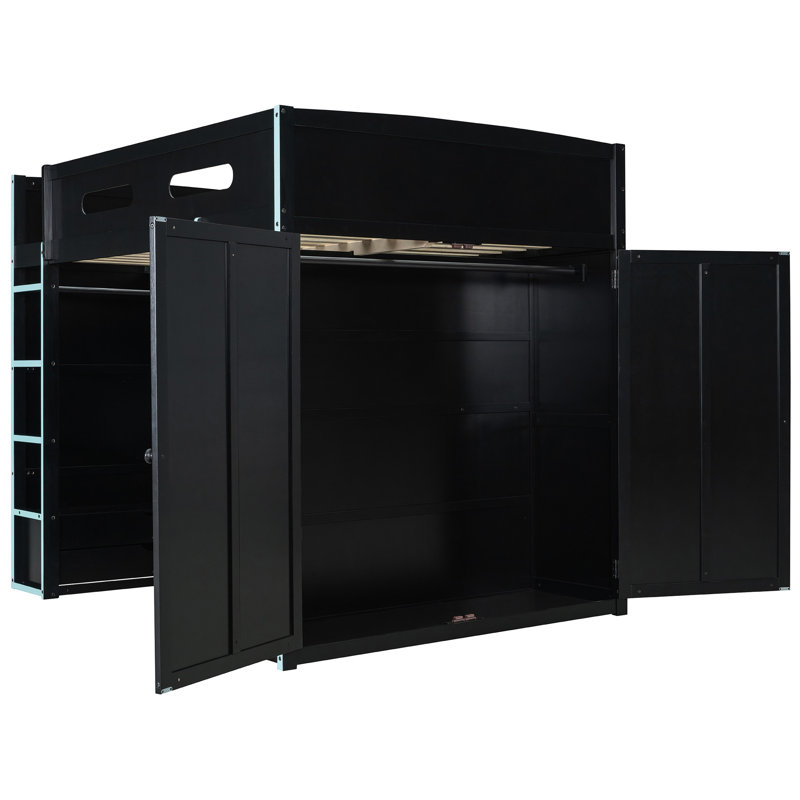 Lit mezzanine double avec bureau de jeu, garde-robe à DEL et garde-robe pour ranger les housses de gestion de câbles intégrées, bande à DEL, tablettes de rangement